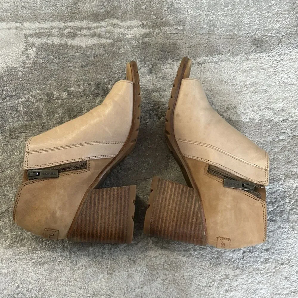 Sorel Nadia Ankle Booties Womens 7 Stacked Block Heel Peep Toe Leather Beige